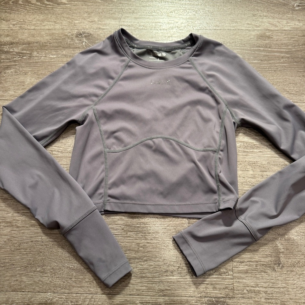 Baleaf Crop Top Shirt Womens S Gray Performance Athletic Gym Workout Thumbholes